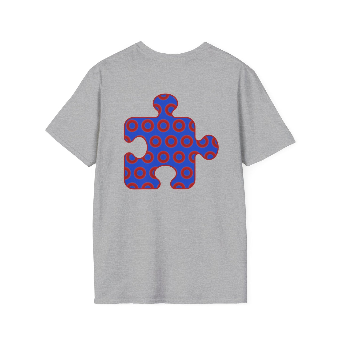 Classic Donut Tee - Unisex Soft-Style - "Trey's Completed Donut Pattern" - vivid red/blue puzzle pattern - variant 2