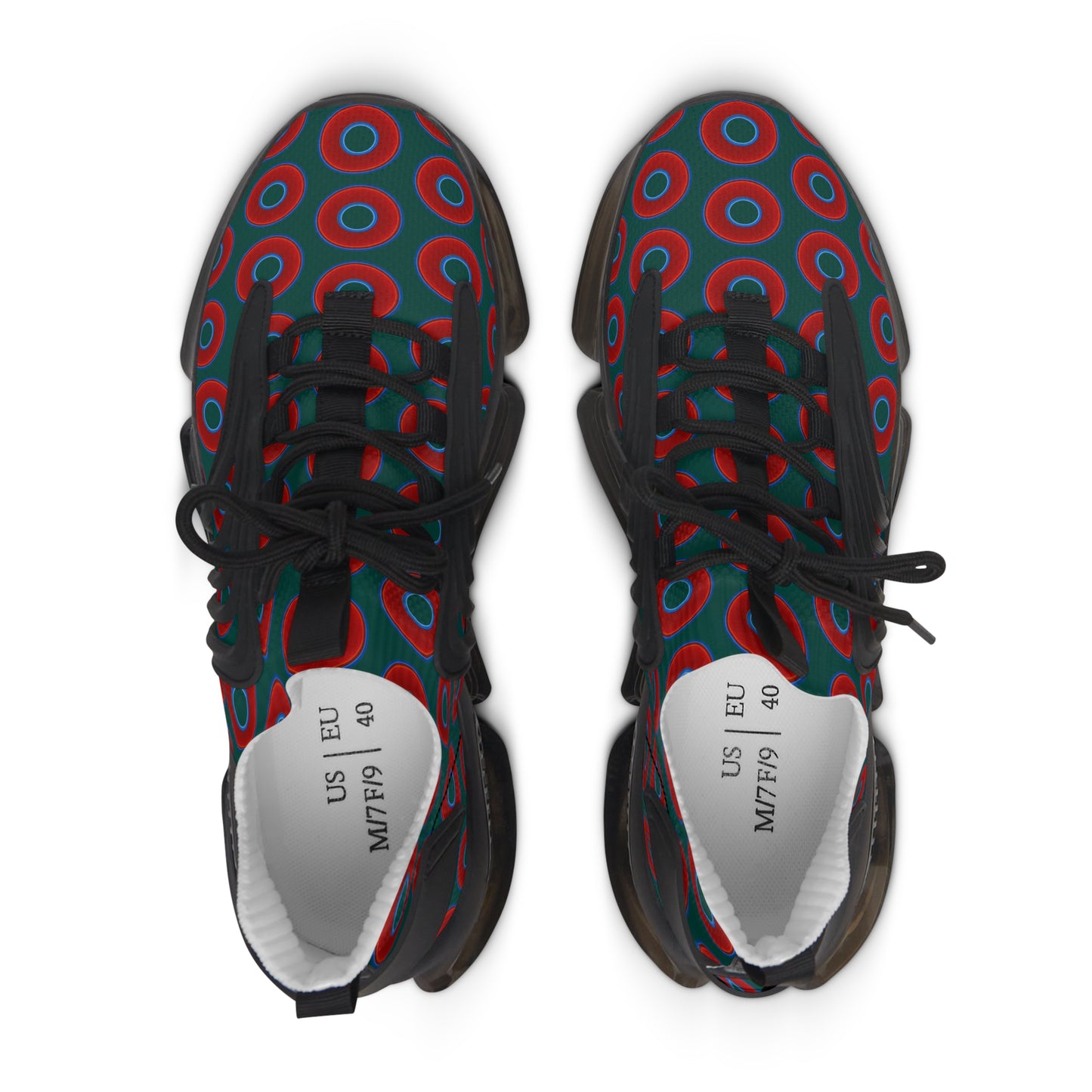 Women's Donut Kicks - red vivid donut print w/dark Fenway green background