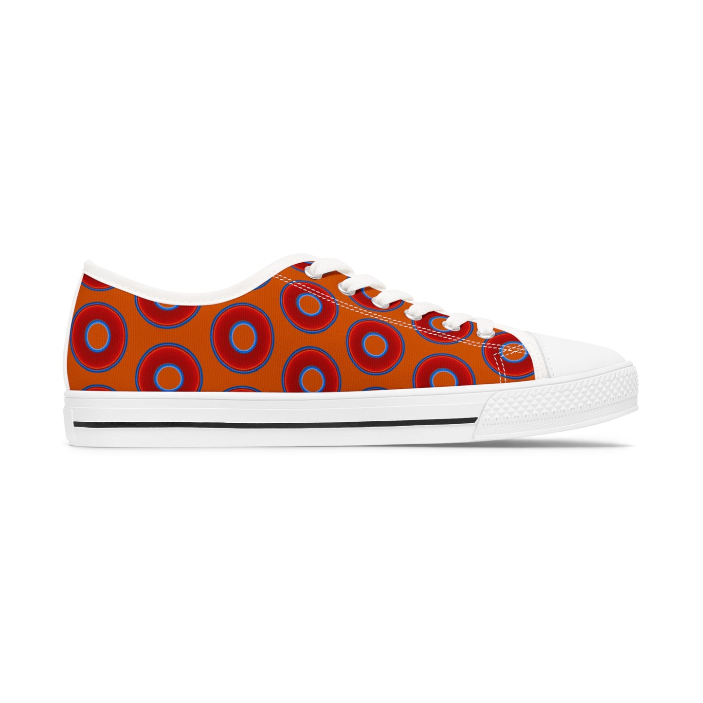 Women's - Low Top Chuck Taylors - large vivid red donut print w/dark orange background