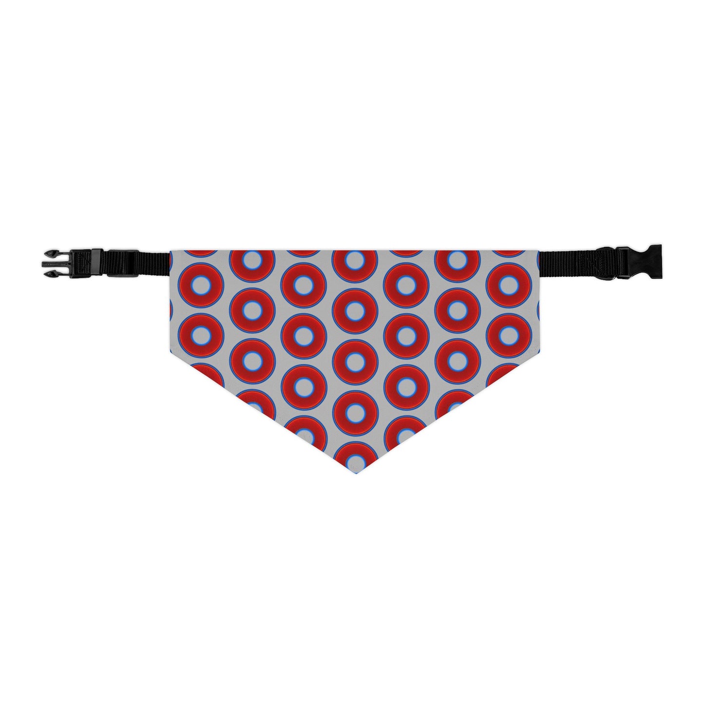 Jim's Lumpy Bandana Pet Collar - vivid red donuts w/light gray background