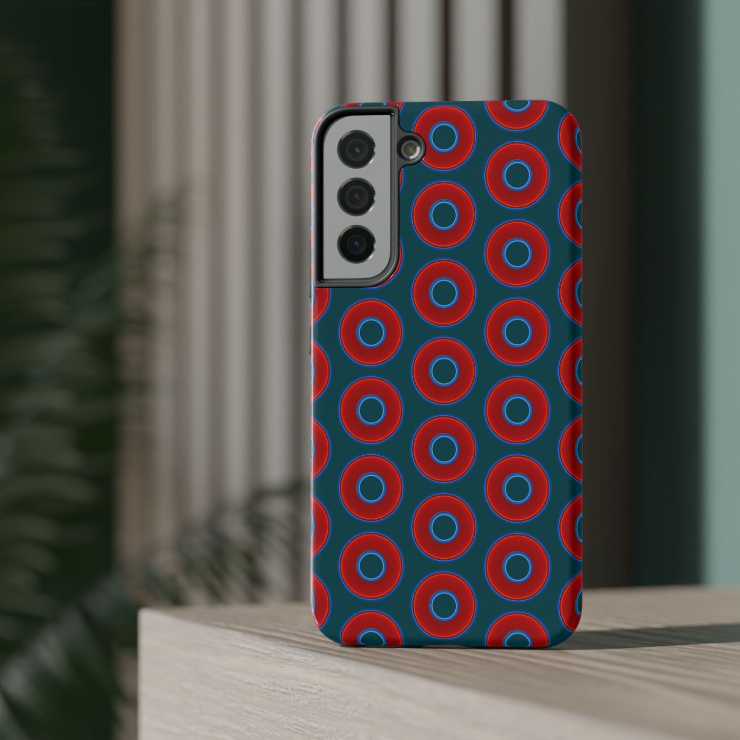 Impact-Resistant Lumpy Donut Case - red vivid donut print w/midnight green background