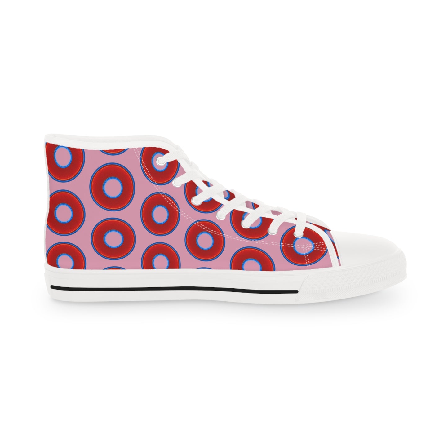 Men's High Top Chucks - large vivid red donut print w/pale magenta background