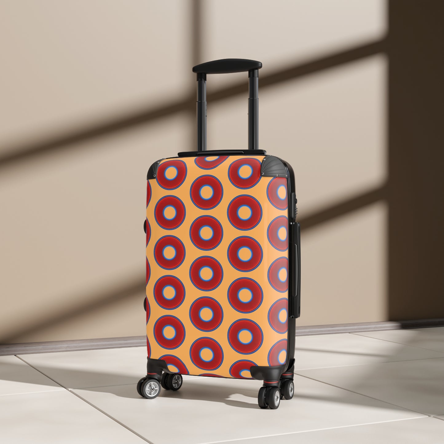The Very Lumpy Donut Suitcase series - your choice of S, M or L - vivid red donut print w/creamcicle orange background