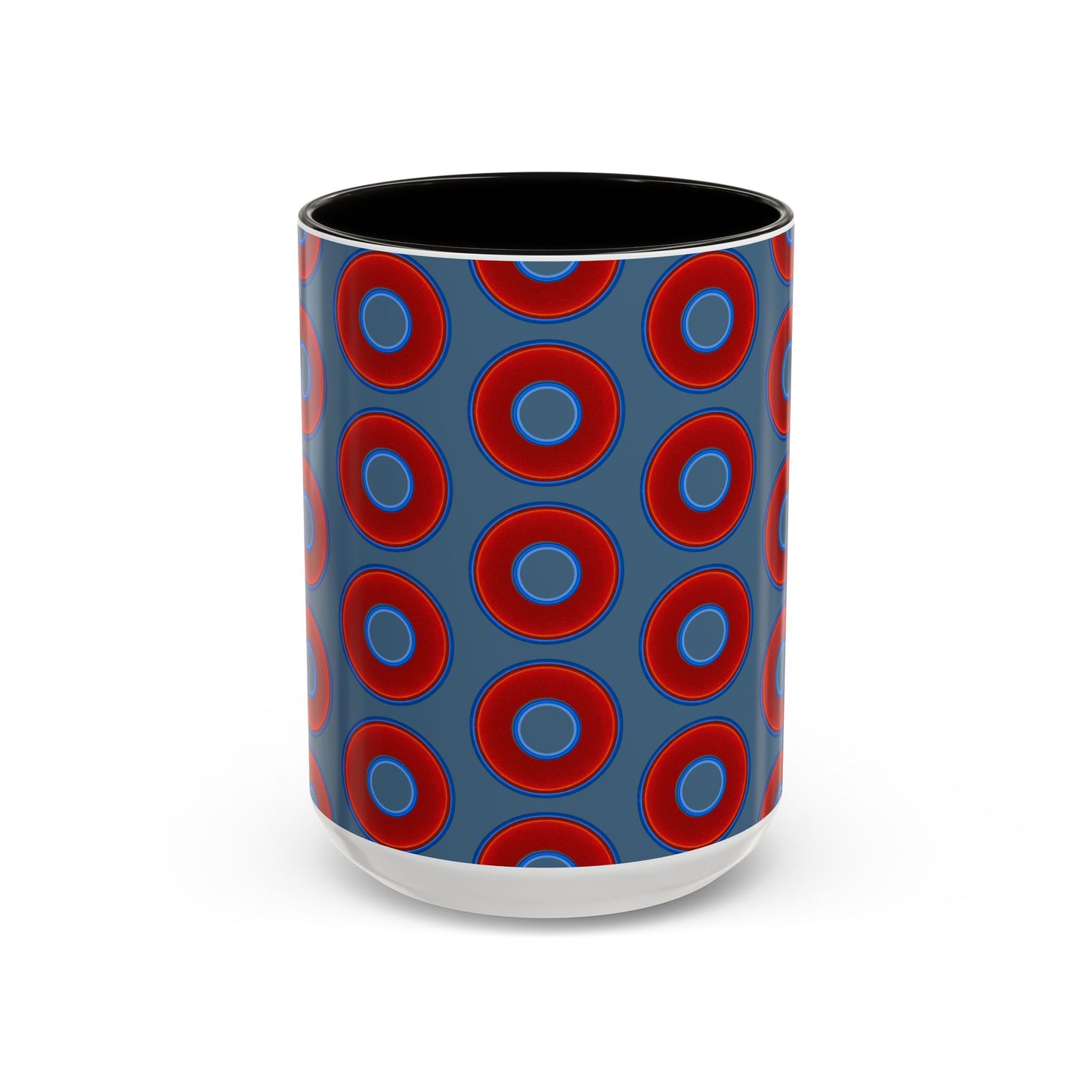 Lump's Grumpy Coffee Mug - vivid red donuts w/steel blue background