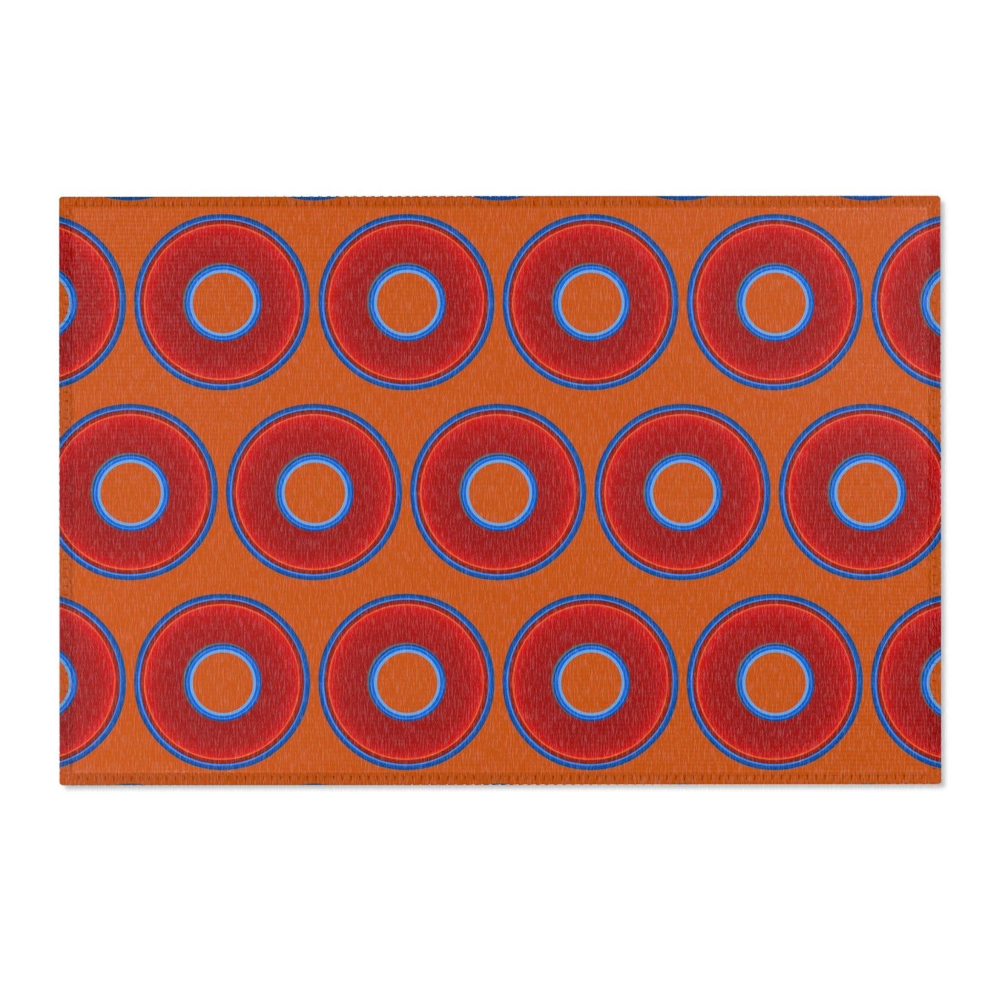 Lumpy Donut Print Rug - choice of 3 sizes - vivid red donut print w/dark orange background