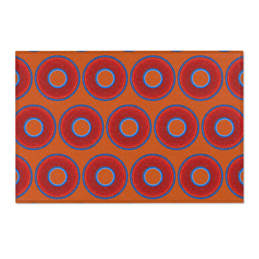 Lumpy Donut Print Rug - choice of 3 sizes - vivid red donut print w/dark orange background