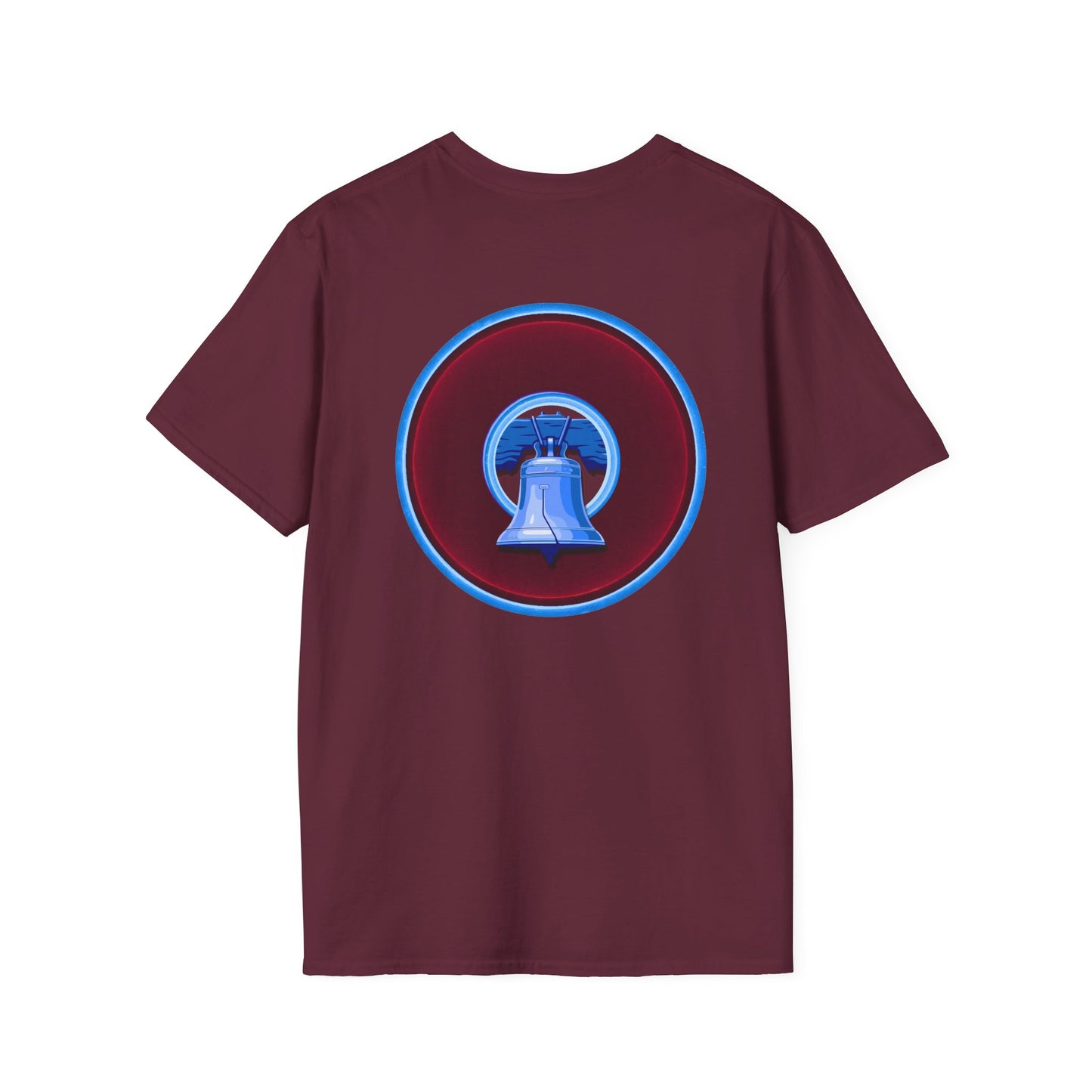 Classic Donut Tee - Unisex Soft-Style - "Brotherly Donuts Jawn" - vivid dark purple-red/light blue donut