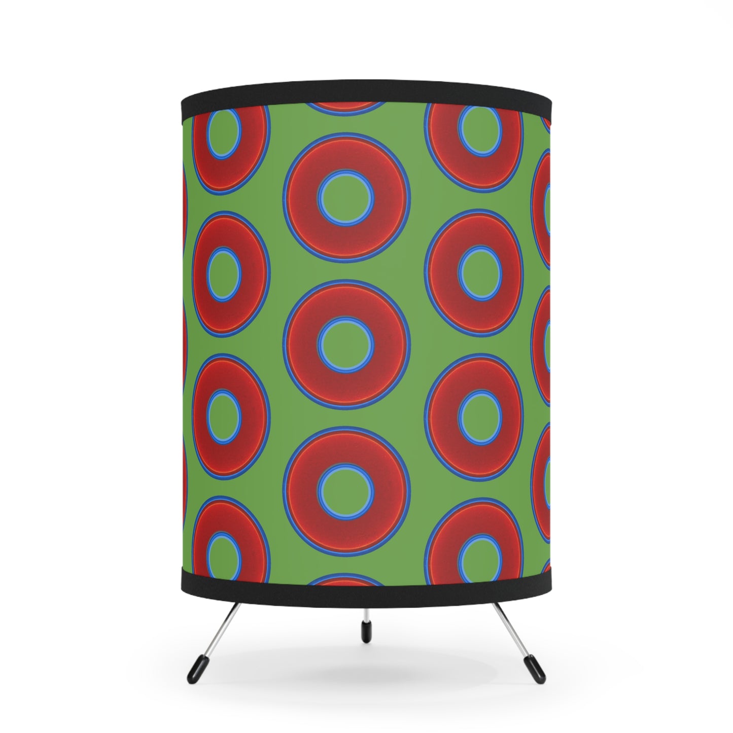 Lumpy Tripod Donut Lamp - vivid red donuts w/light green background
