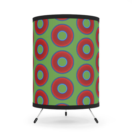 Lumpy Tripod Donut Lamp - vivid red donuts w/light green background