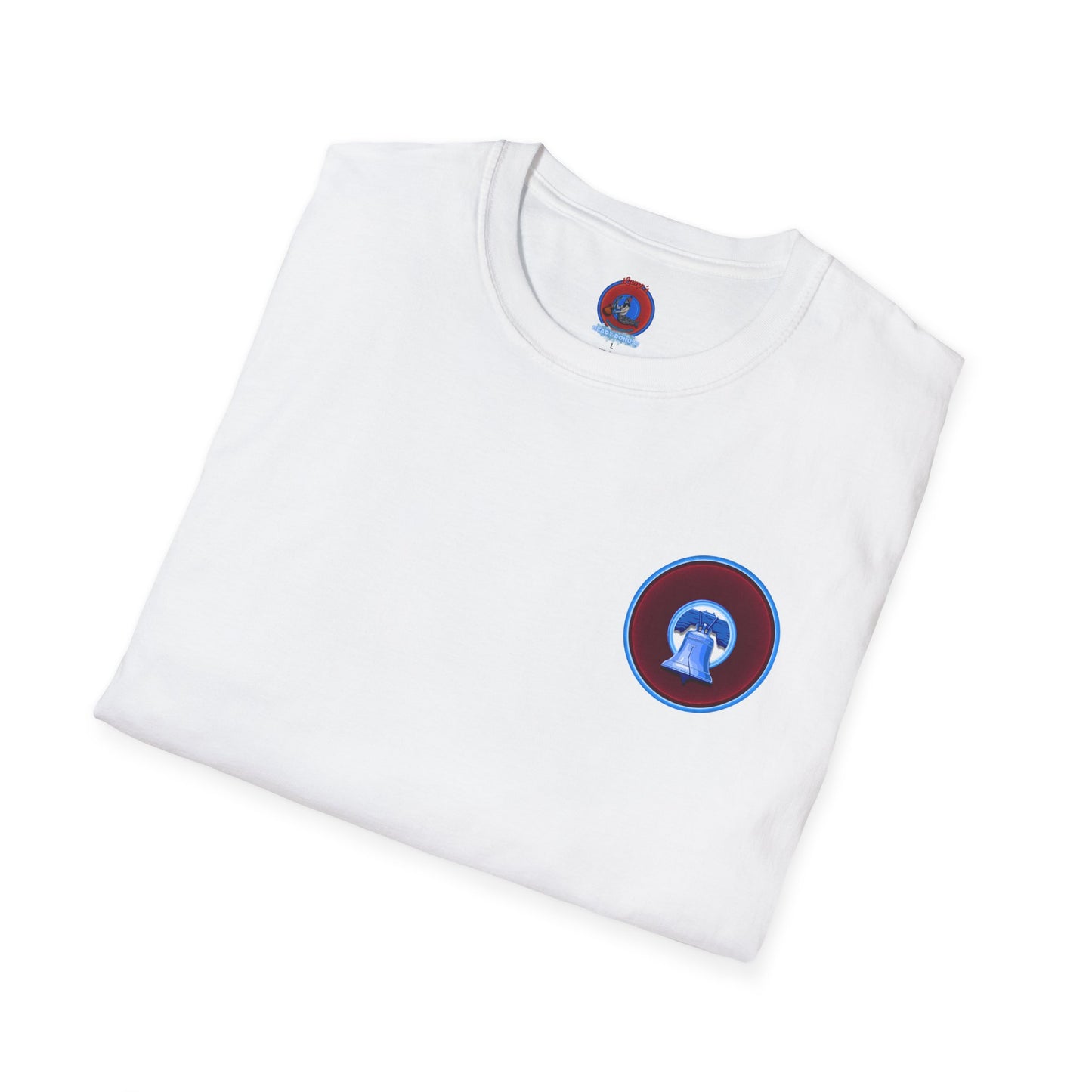 Classic Donut Tee - Unisex Soft-Style - "Brotherly Donuts Jawn" - vivid dark purple-red/light blue donut