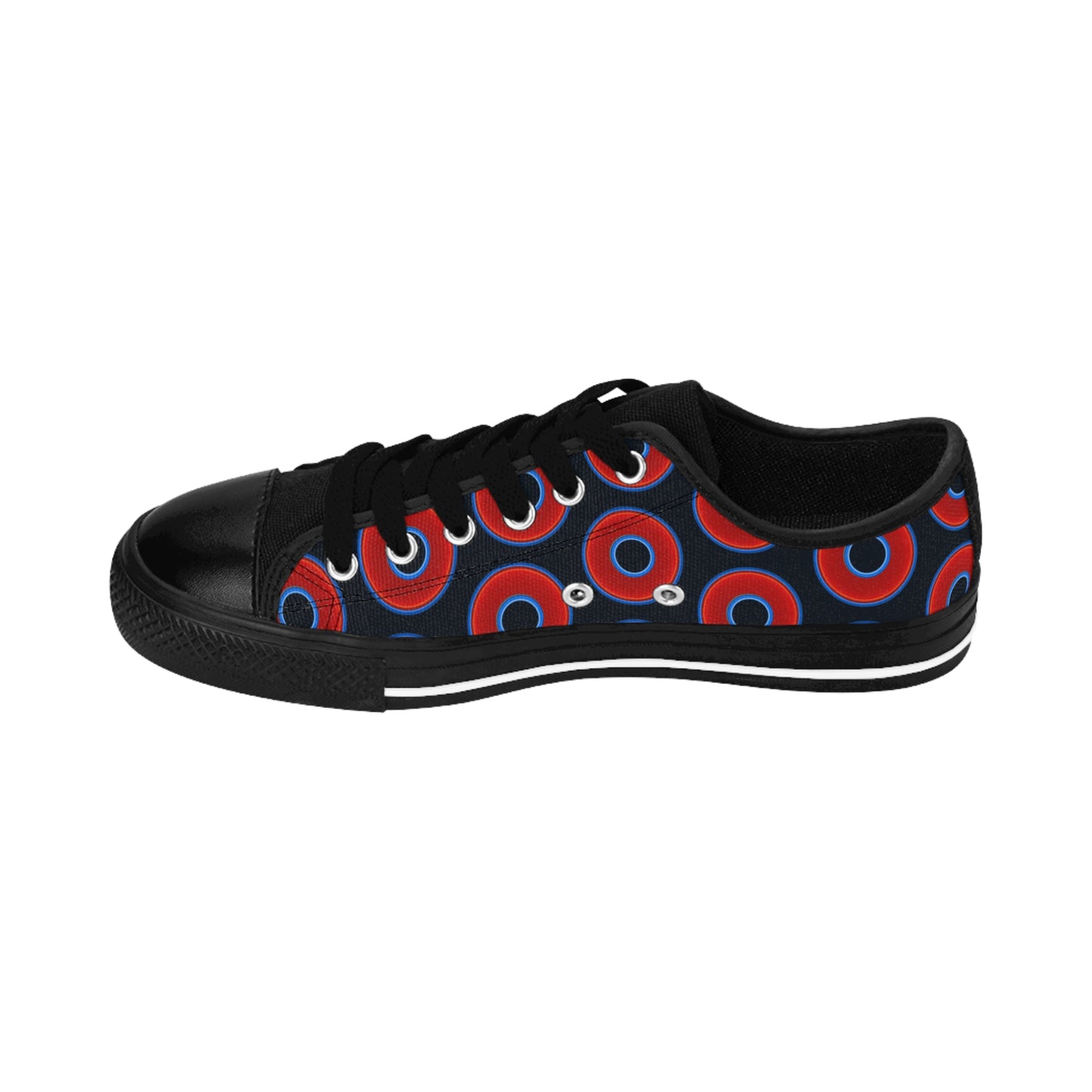 Women's Cushiony Convectors - Low Top - large red vivid donut print w/Blue Charcoal background