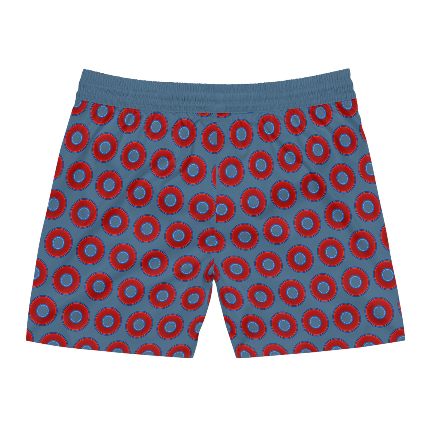 Men's Lumpy Swim Trunks - vivid red donut print w/steel blue background