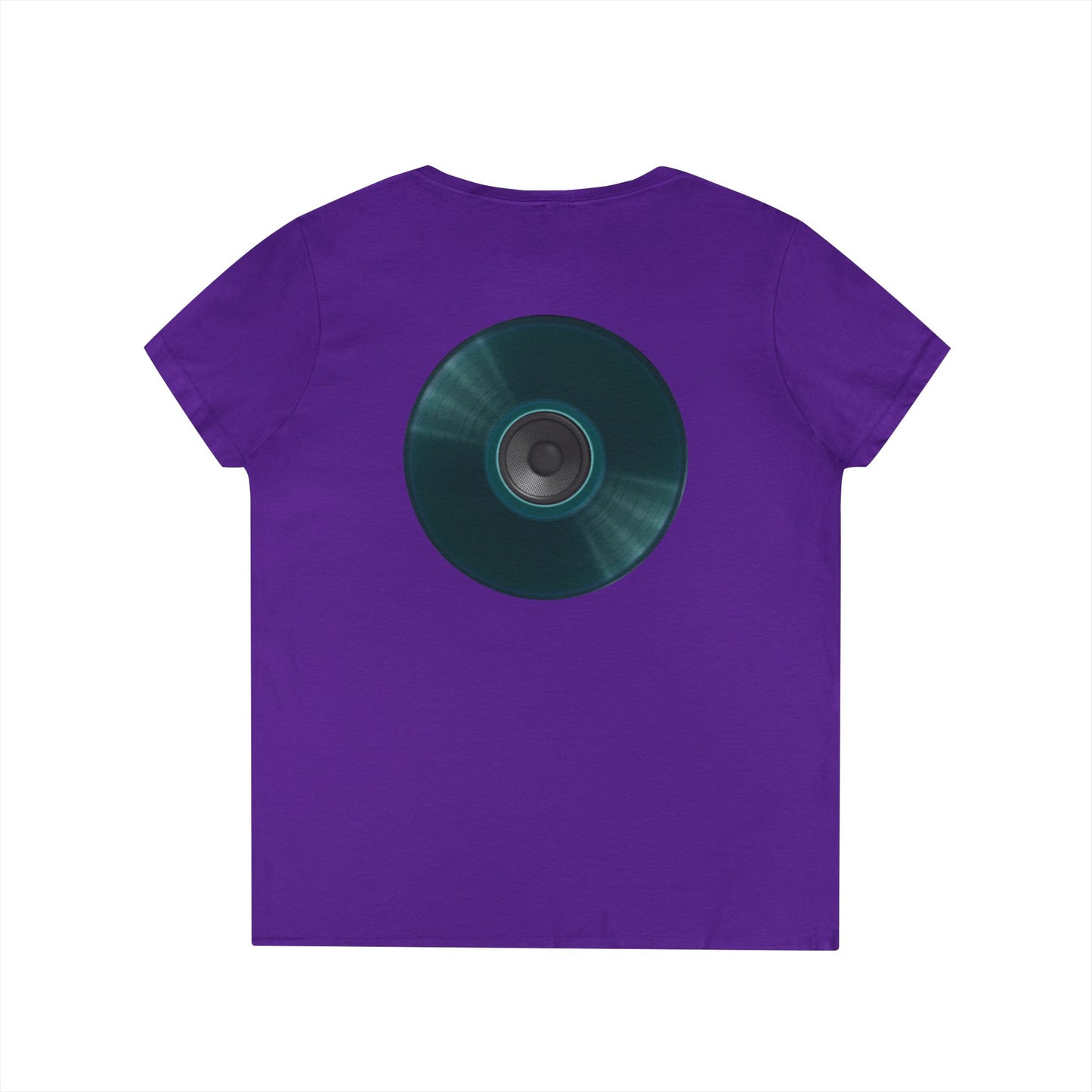 Women's Donut V-Neck Tee - "Speaker Donut" - vivid teal record donut w/
