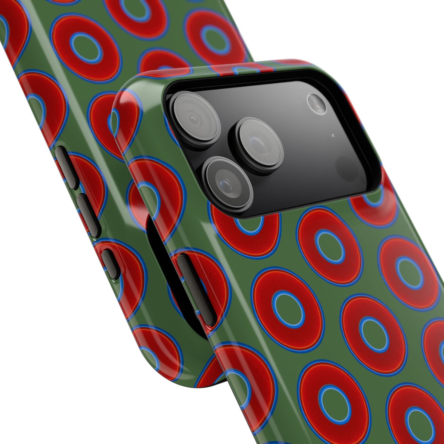 Impact-Resistant Lumpy Donut Case - red vivid donut print w/dark green background