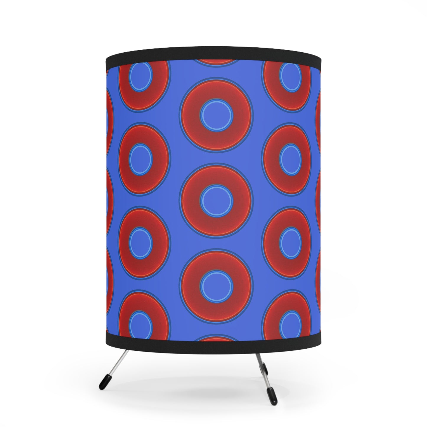 Lumpy Tripod Donut Lamp - vivid red donuts w/royal blue background