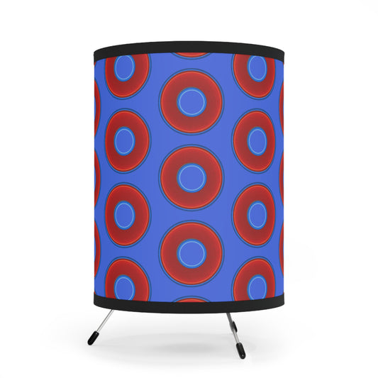 Lumpy Tripod Donut Lamp - vivid red donuts w/royal blue background