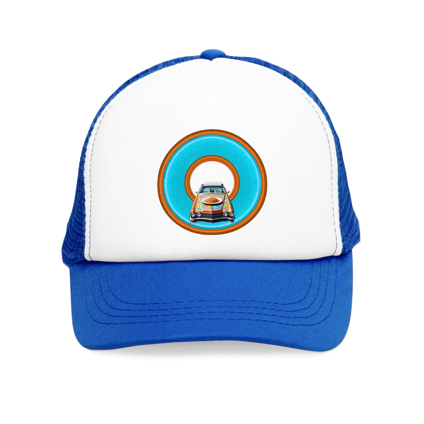 Lumpy Trucker Hat - "Cadillac Rainbows & Eating on the Run" - variant 3 - turquoise/orange donut