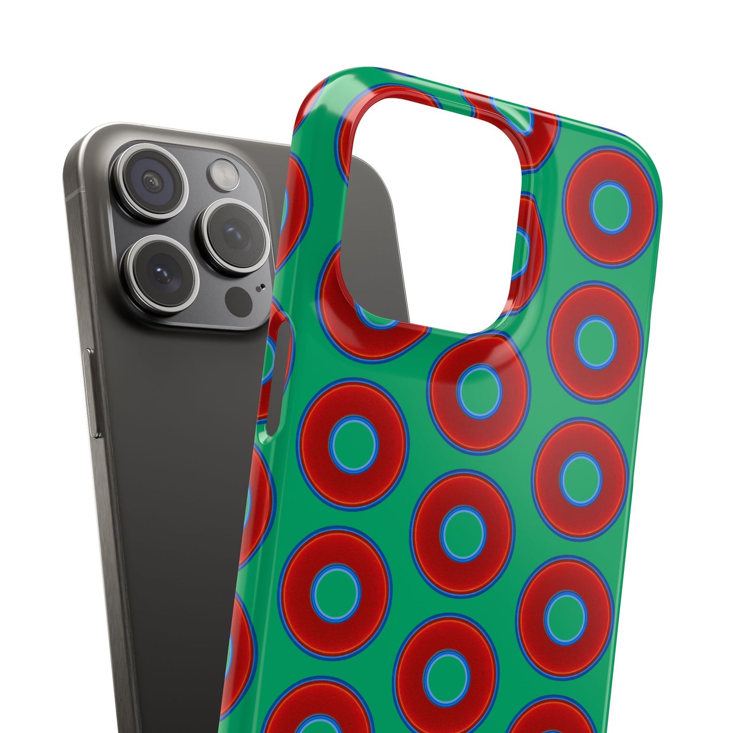 Lumpy Donut Snap Case - red vivid donut print w/jade green background