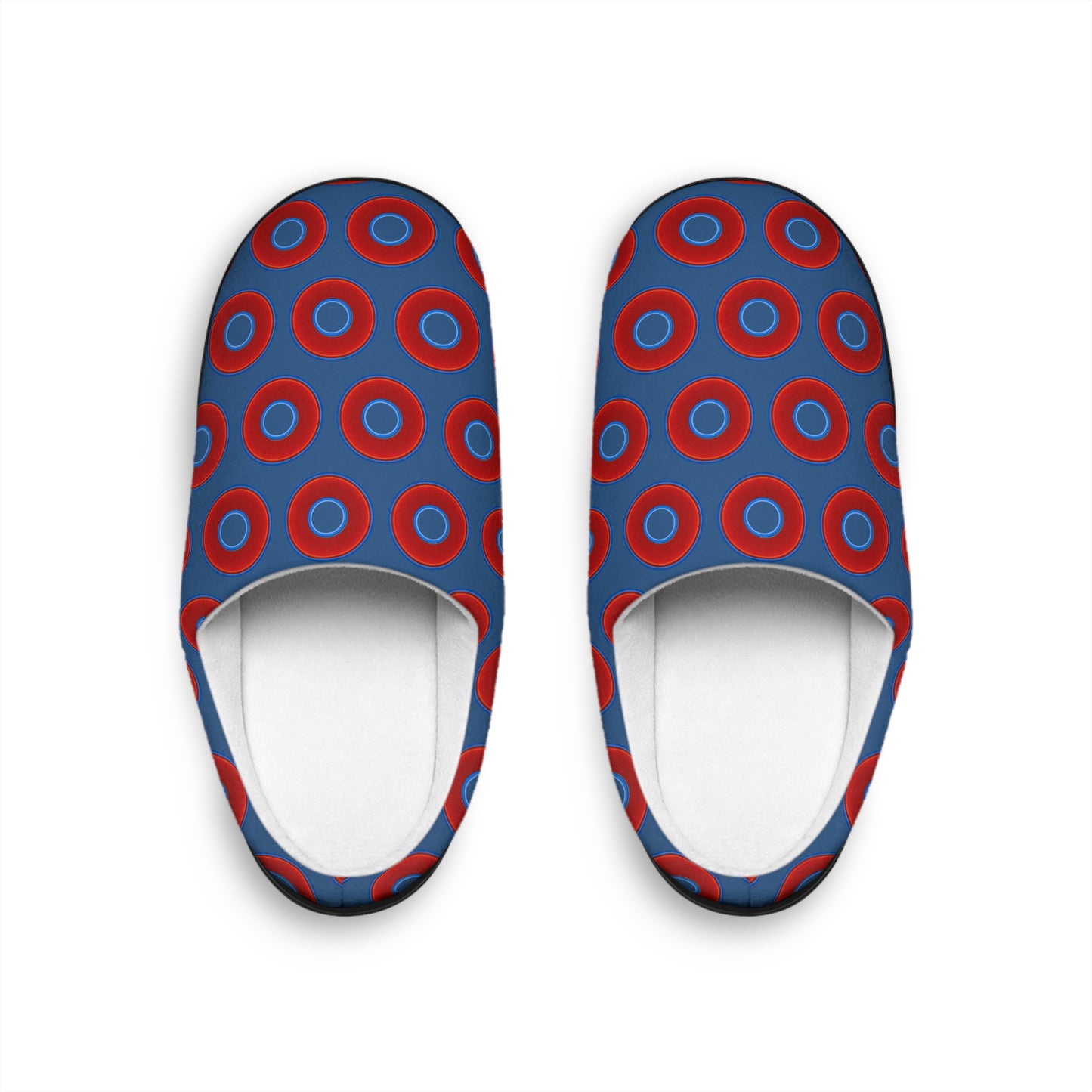 Women's Lumpy Slippers - red vivid donut print w/light navy blue background