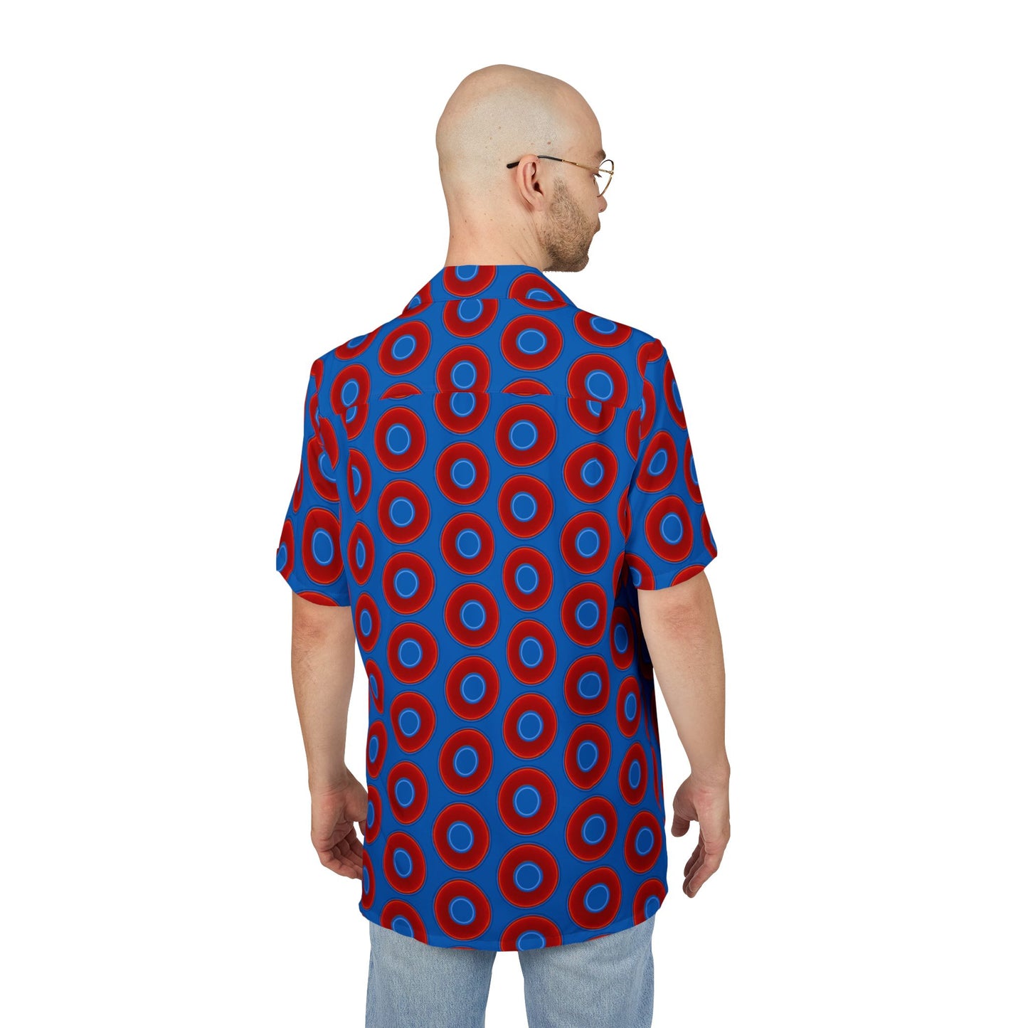 Wilson's 'Epic Hawaiian-Punch' Shirt - vivid red donut print w/dark royal blue background [unisex]