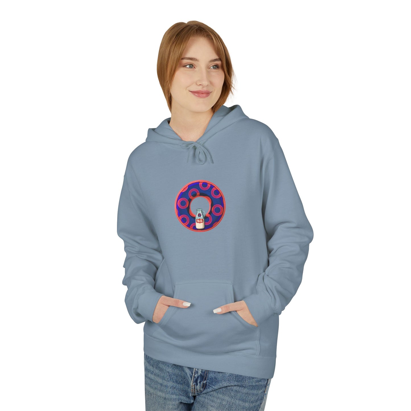 Fleece Harry Hoodies [Midweight Soft-style] - "Wooked Cream Dairy - YEMSG Donut" - electric blue/red rustic paradox donut - variant 2