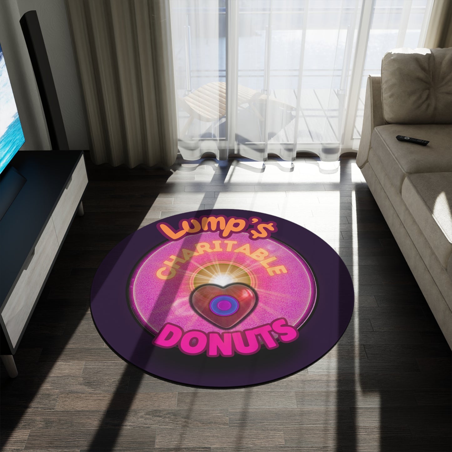 Round Room - 5 ft x 5 ft Lumpy Donut Rug - "Lump's Official Charitable Donut Rug" - vivid magenta donut w/midnight purple background - [*Charitable Donut]