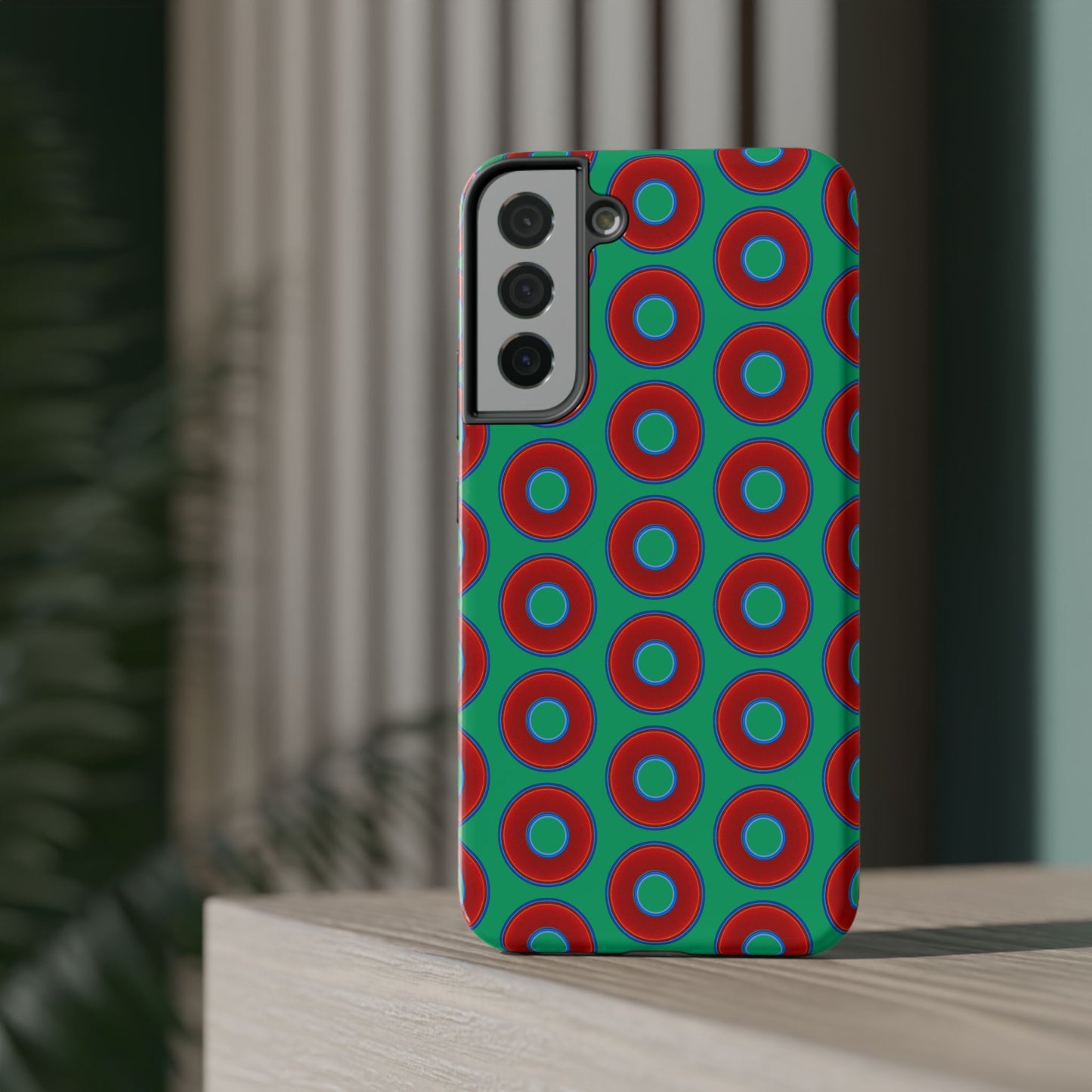 Impact-Resistant Lumpy Donut Case - red vivid donut print w/jade green background