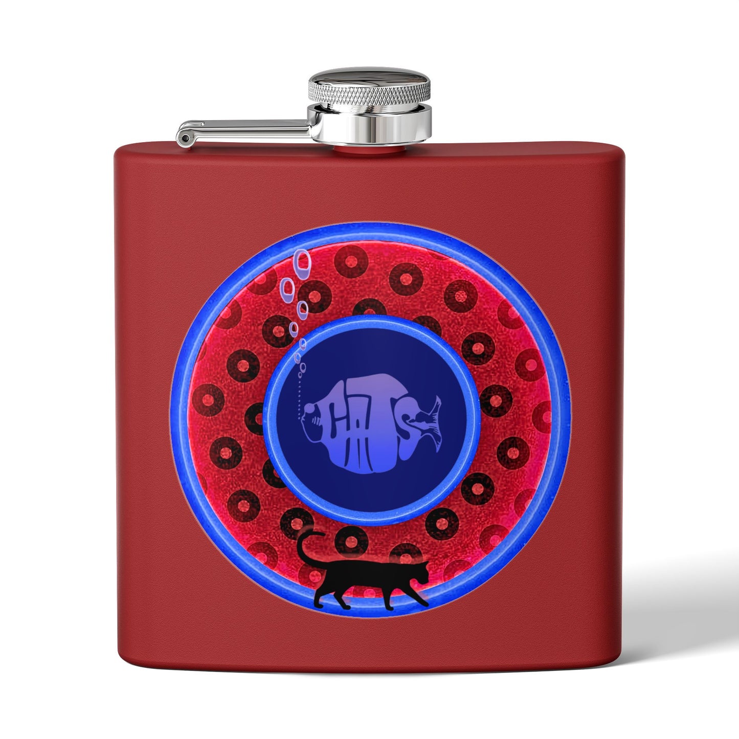 Lump's Donut Flask 6 oz -  red/blue widemouthed paradox donut - [*w/your choice of 6 backgrounds]