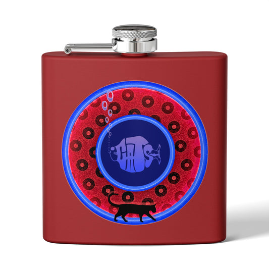 Lump's Donut Flask 6 oz -  red/blue widemouthed paradox donut - [*w/your choice of 6 backgrounds]