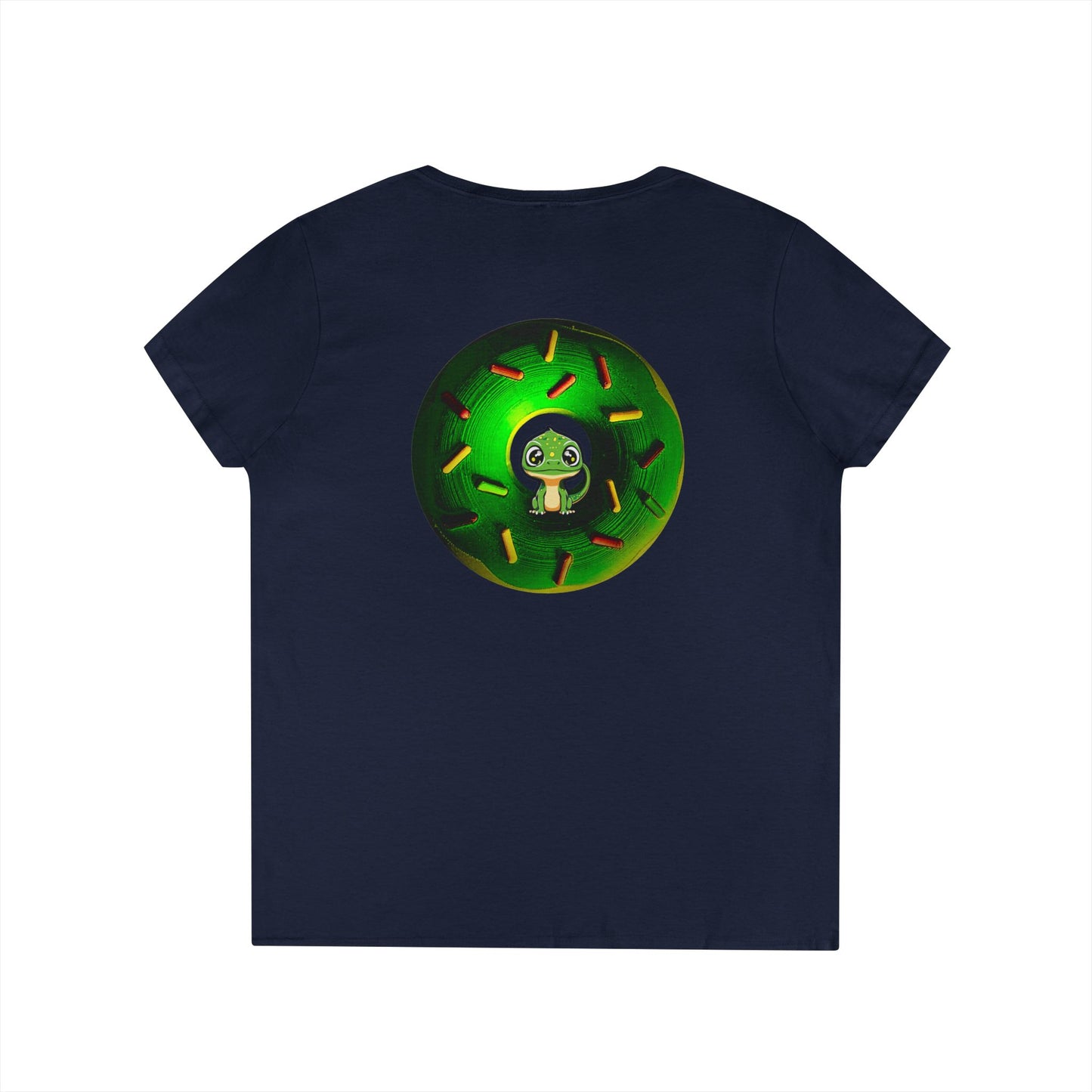 Women's Donut V-Neck Tee - "Soft as Baby Rutherford" - green cartoon donut w/sprinkles
