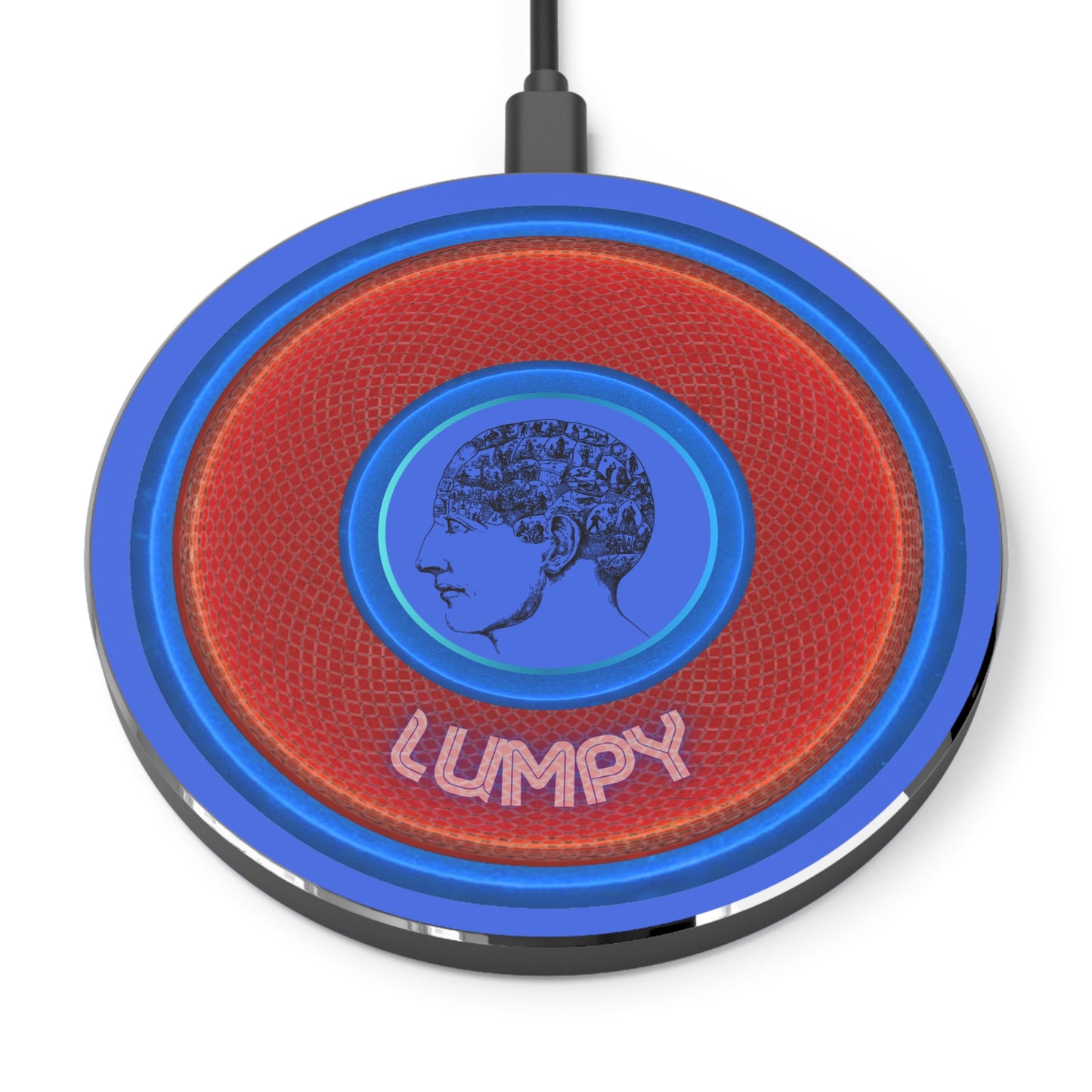 The Flow - Wireless Lumpy Donut Chargers - "The Lumpy Wireless Charger" - rustic red donut w/royal blue background - variant 1