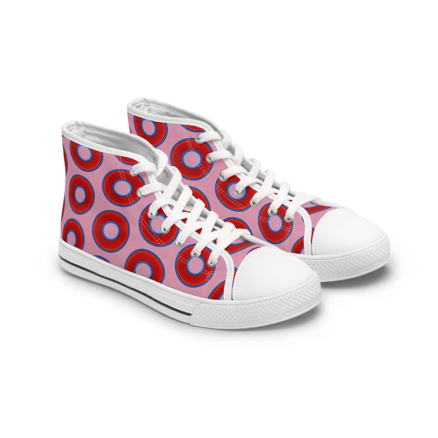 Women's High Top Chuck Taylors - large vivid red donut print w/pale magenta background