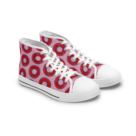 Women's High Top Chuck Taylors - large vivid red donut print w/pale magenta background
