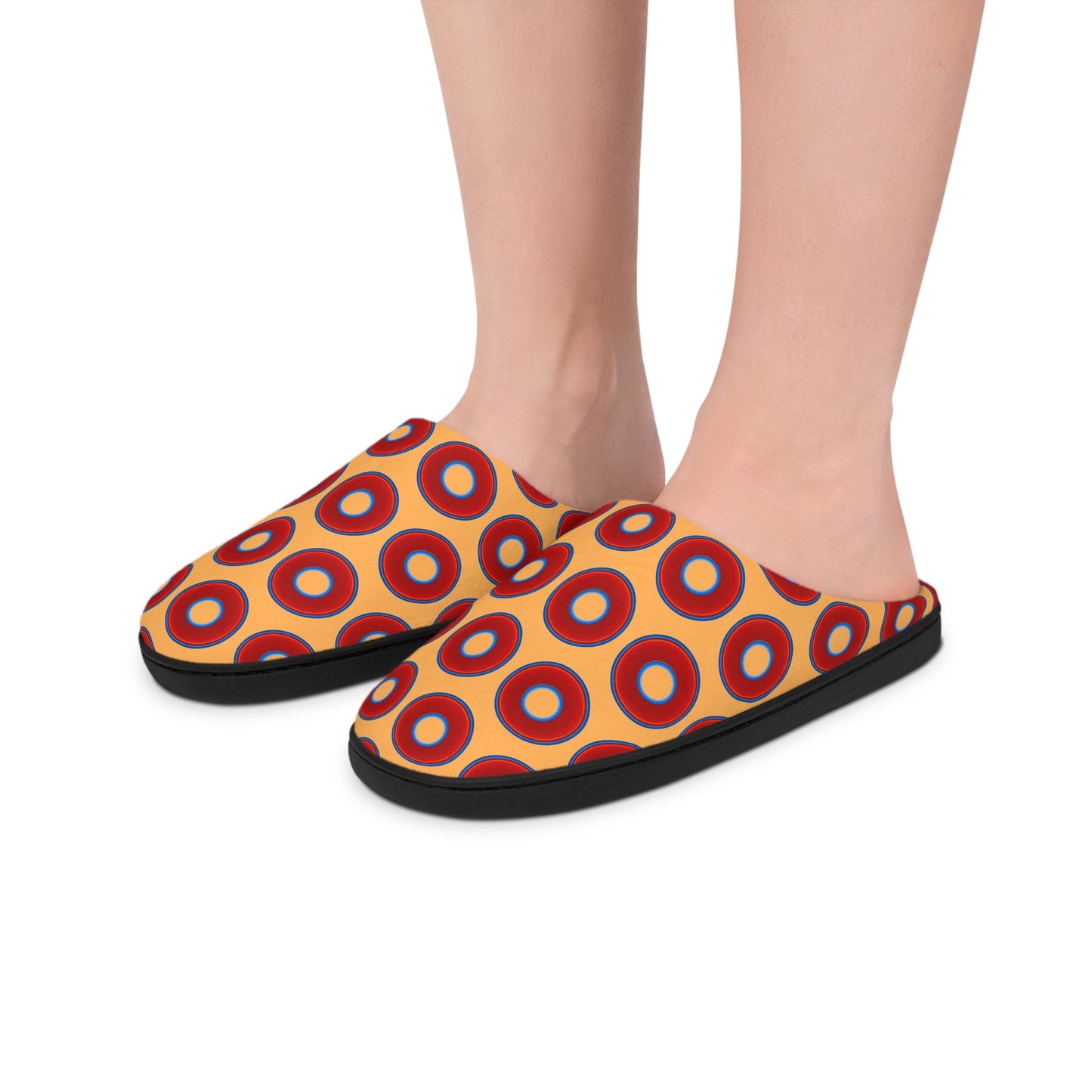 Women's Lumpy Slippers - red vivid donut print w/creamsicle orange background