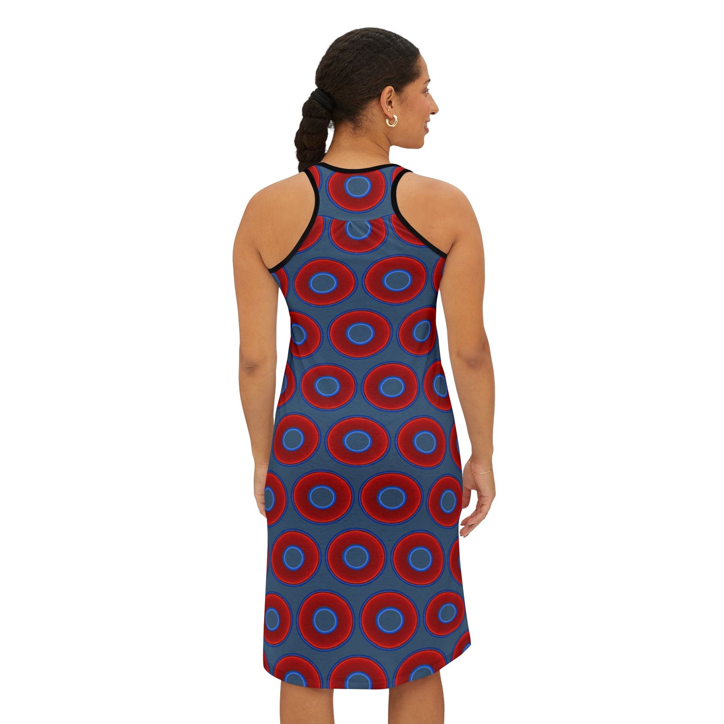 Tela's Lumpy Racerback Donut Dress - red vivid donut print w/steel blue background