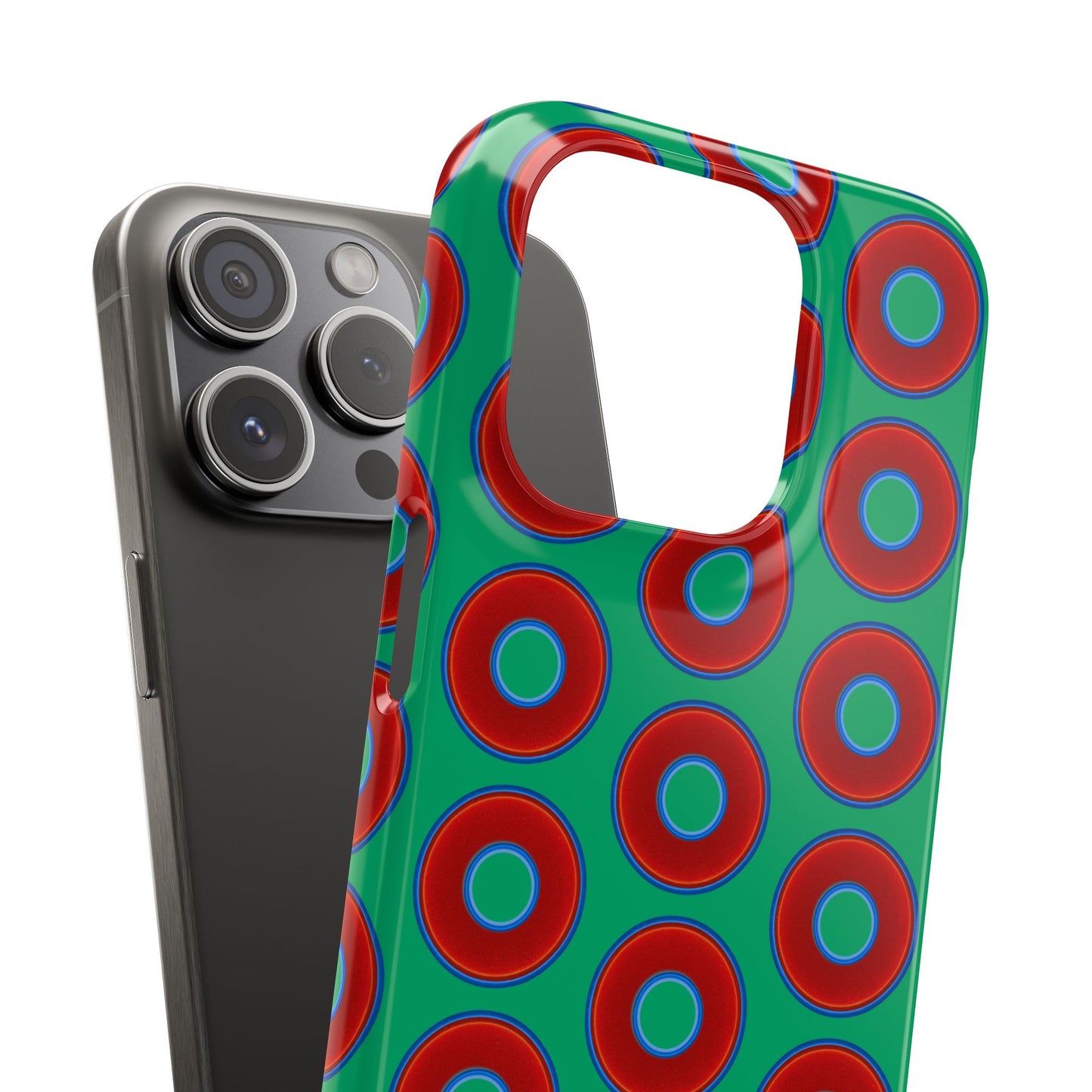 Lumpy Donut Snap Case - red vivid donut print w/jade green background