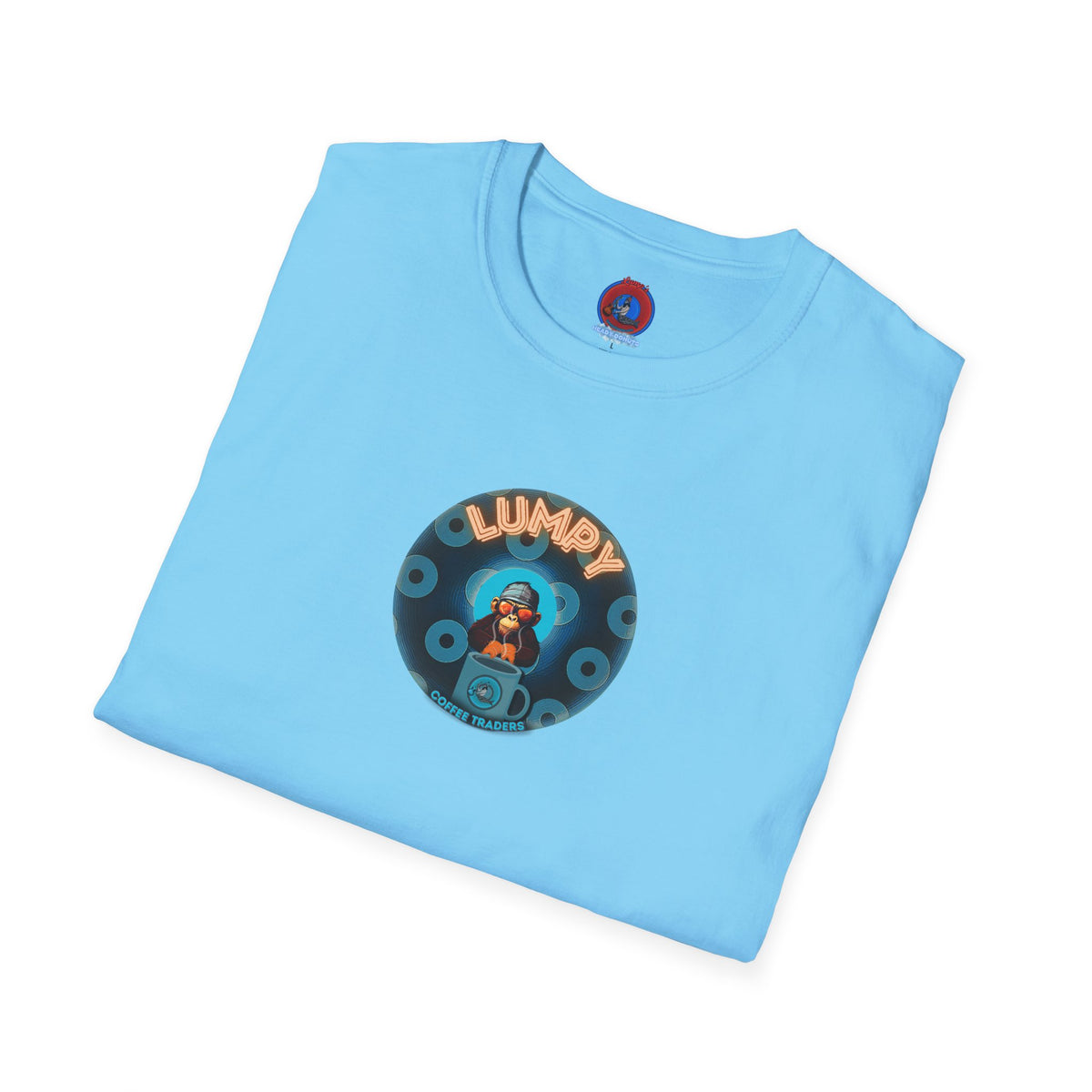 Coffee Traders Tee - Unisex Soft-Style - "Tasty Coffee" - paradoxical donut/cubed blue donut - variant 2 - logo front/It's Ice Cube's back