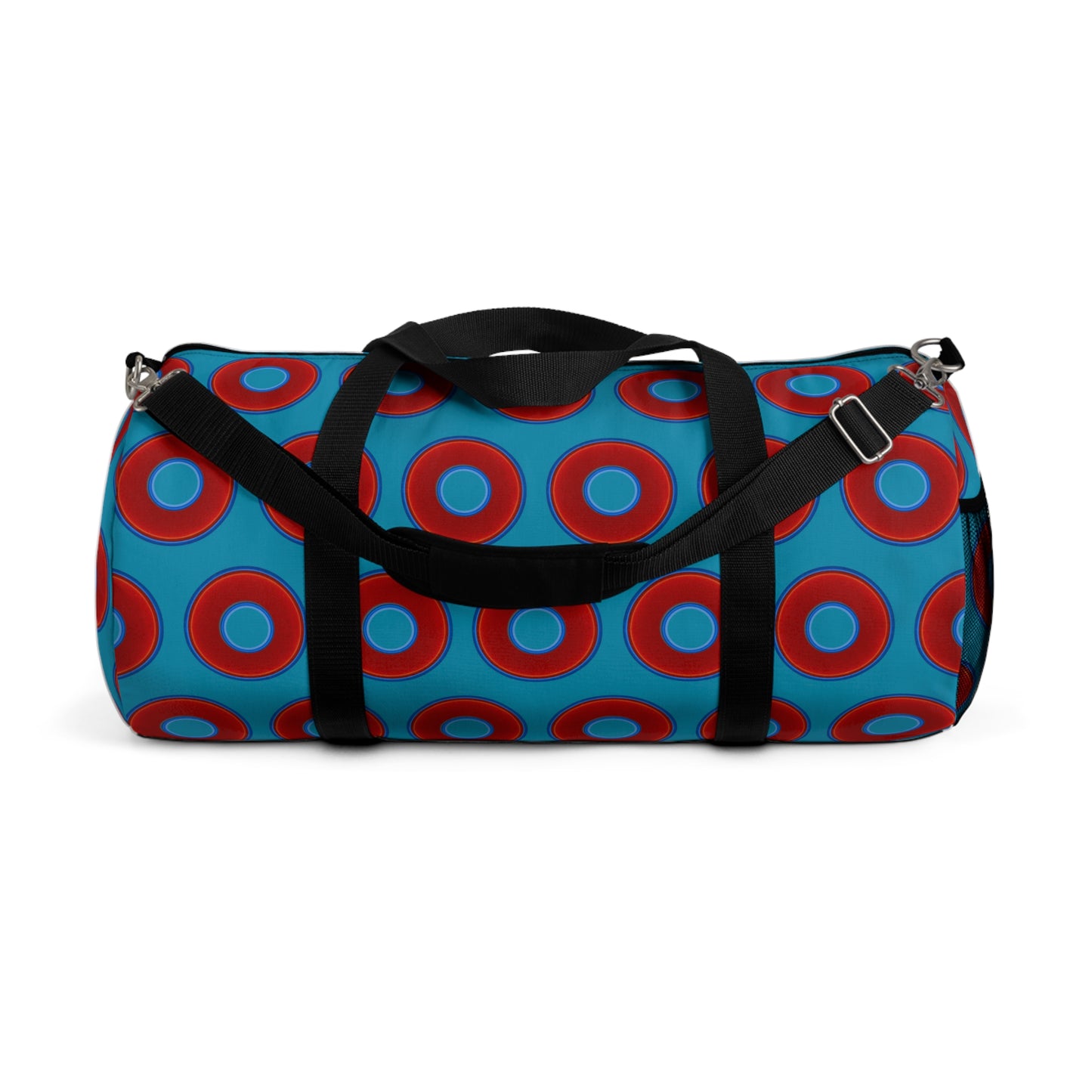 Lumpy Duffel - vivid red donuts w/aquamarine blue background