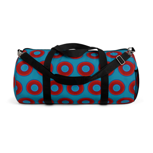 Lumpy Duffel - vivid red donuts w/aquamarine blue background