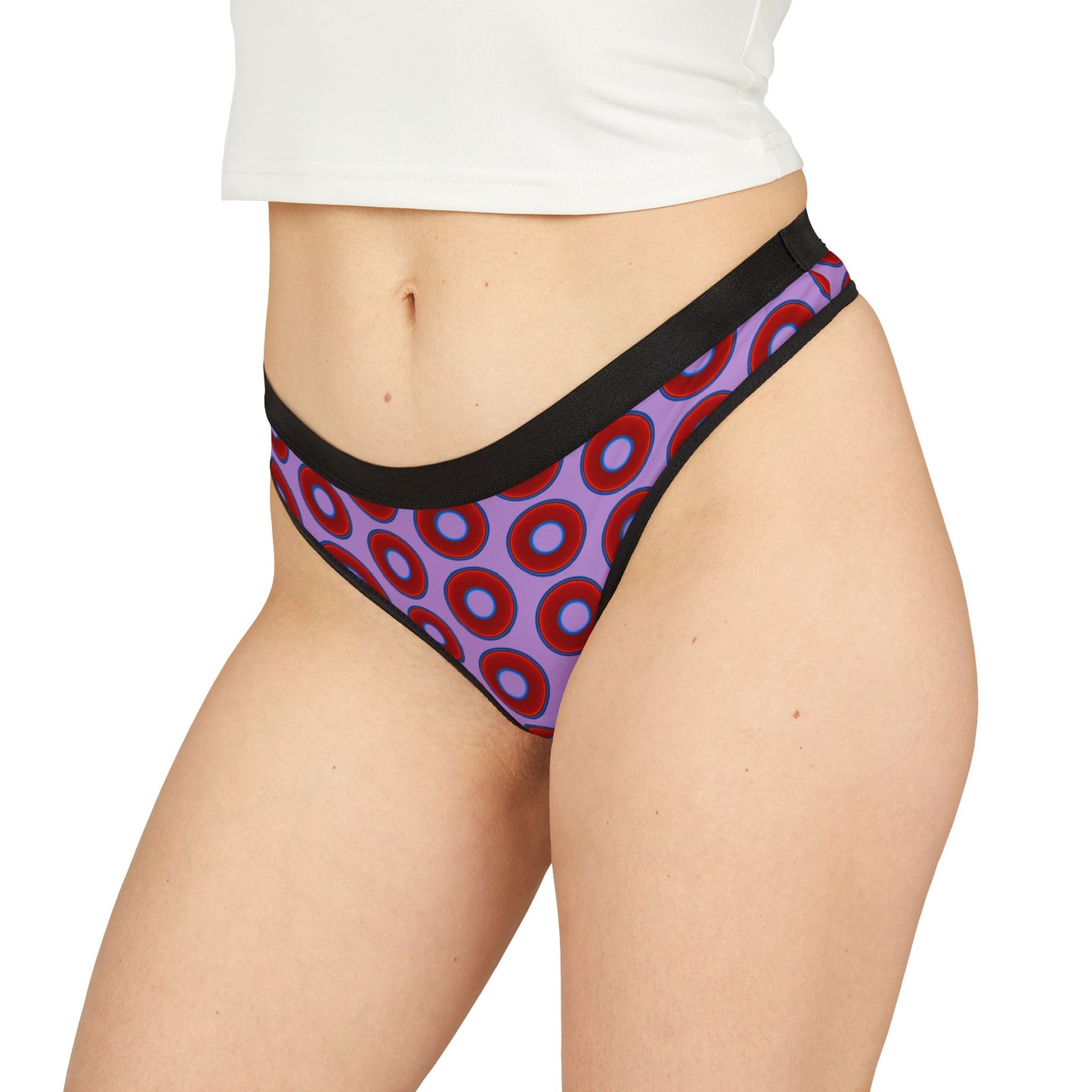 Lumpy Donut Thongs - red vivid donut print w/wisteria purple background