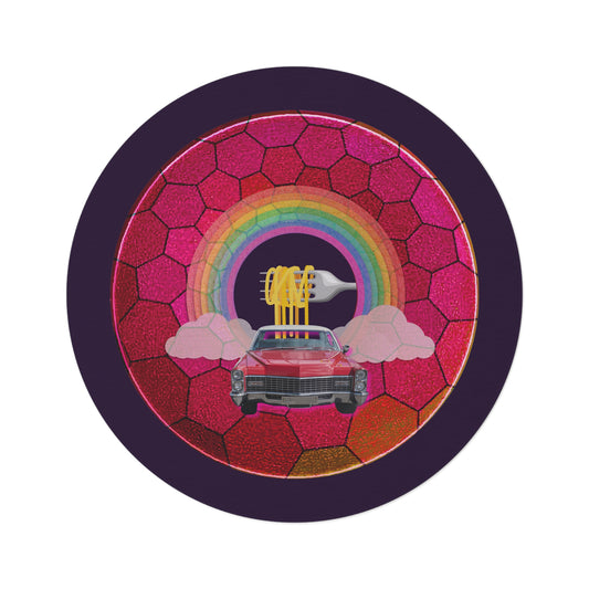 Round Room - 5 ft x 5 ft Lumpy Donut Rug - "Cadillac Rainbow Donut Rug" - magenta hexadonut w/dark navy background - variant 1