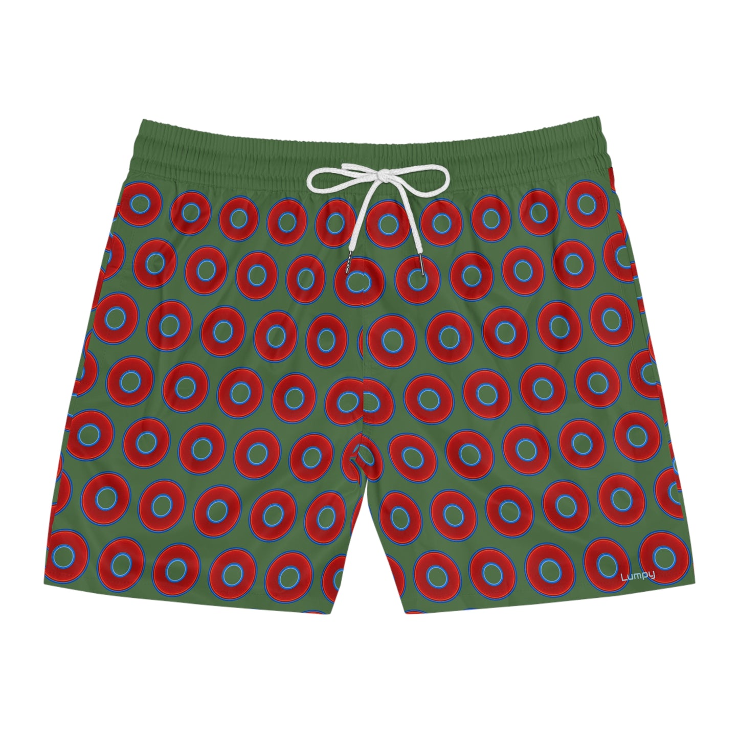 Men's Lumpy Swim Trunks - vivid red donut print w/dark green background