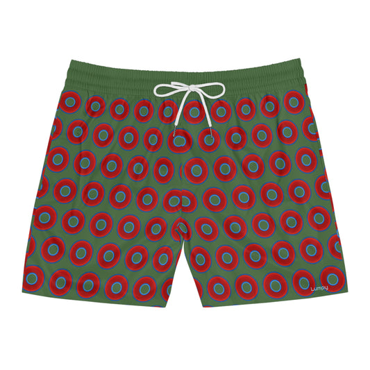 Men's Lumpy Swim Trunks - vivid red donut print w/dark green background