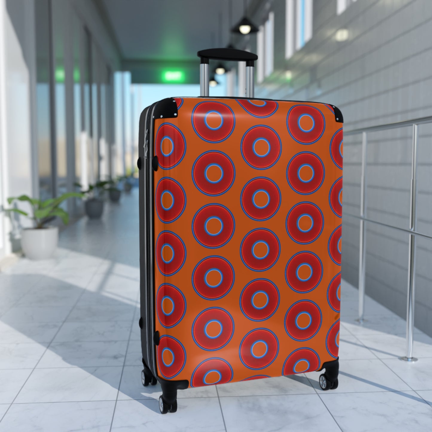 The Very Lumpy Donut Suitcase series - your choice of S, M or L - vivid red donut print w/dark orange background
