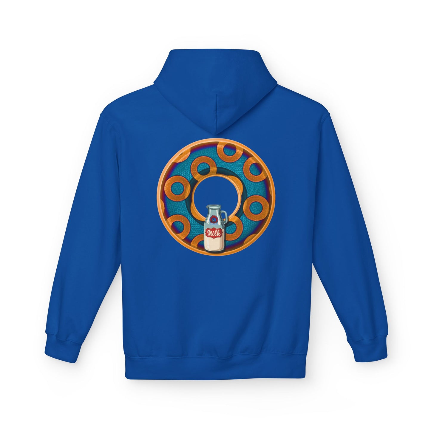 Fleece Harry Hoodies [Midweight Soft-style] - "Wooked Cream Dairy - YEMSG Donut" - blue/orange rustic paradox donut - variant 4