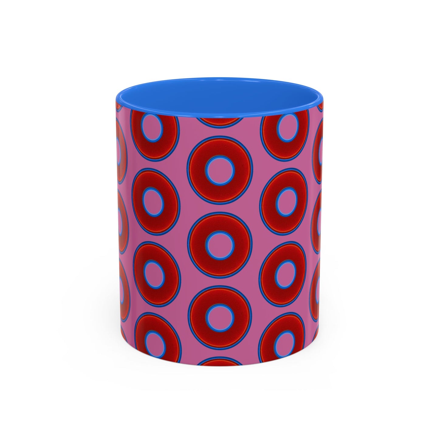 Lump's Grumpy Coffee Mug - vivid red donuts w/pink background