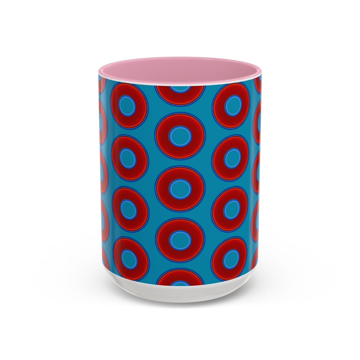 Lump's Grumpy Coffee Mug - vivid red donuts w/aquamarine blue background
