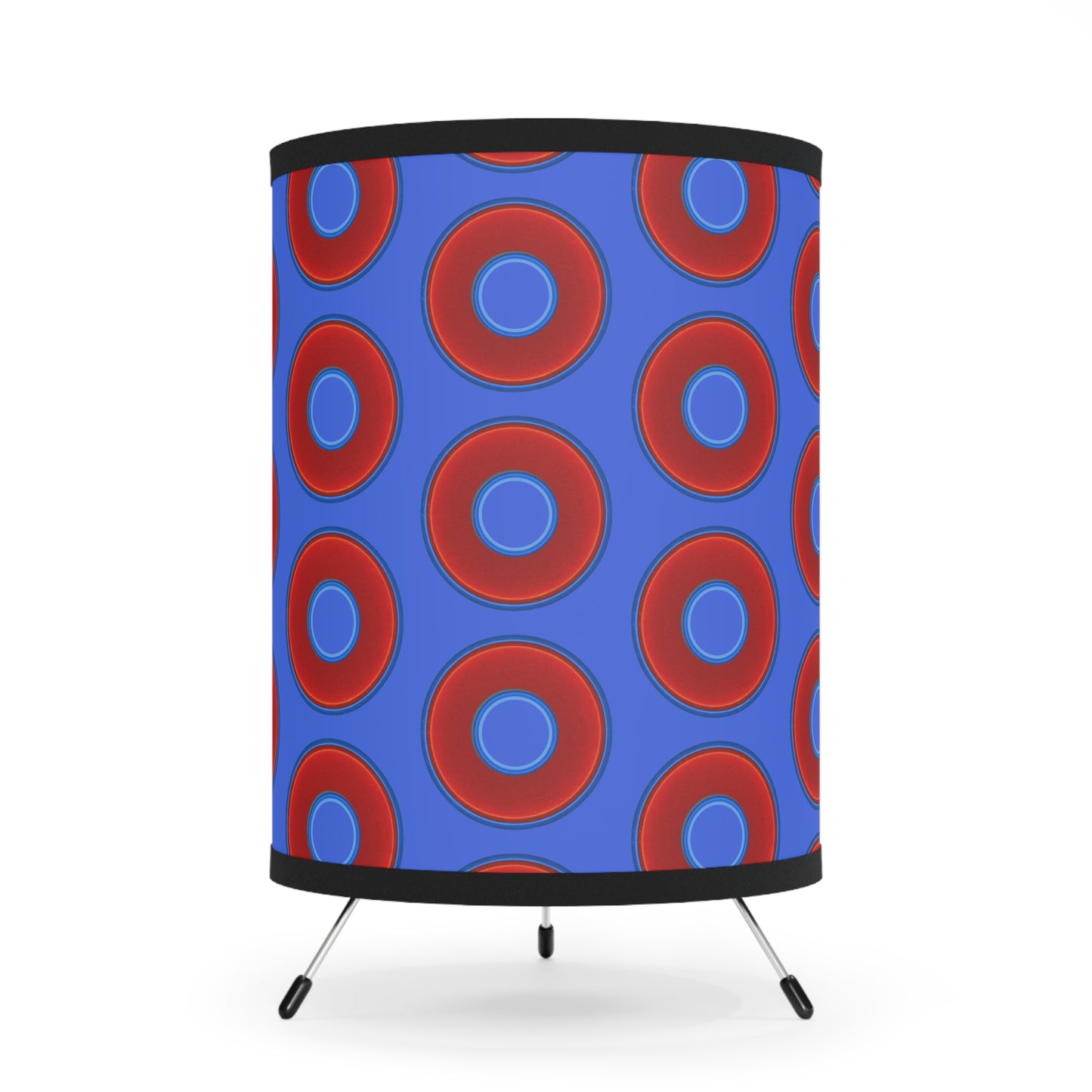 Lumpy Tripod Donut Lamp - vivid red donuts w/royal blue background