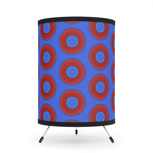 Lumpy Tripod Donut Lamp - vivid red donuts w/royal blue background