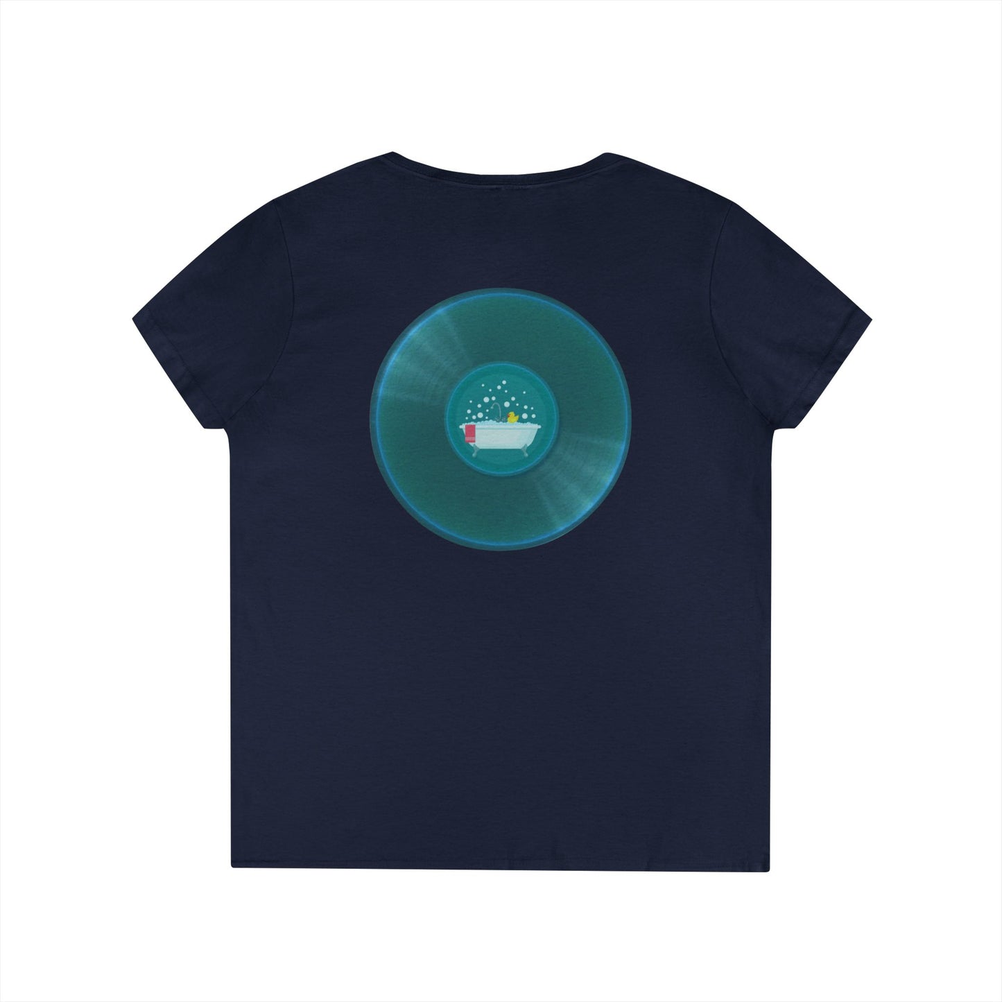 Women's Donut V-Neck Tee - "Bathtub Fun Donut" - vivid aquamarine donuts w/tub